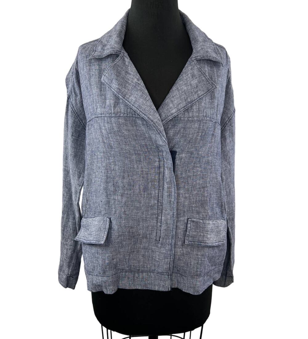 Lord & Taylor Blue Long Sleeve Full Zip Notched Lapel Linen Jacket Size M Medium